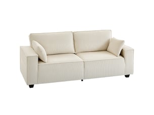 Canapé 3 places en velours côtelé 218 cm, canapé salon,  coussins à ressorts, larges accoudoirs, beige, 2 coussins