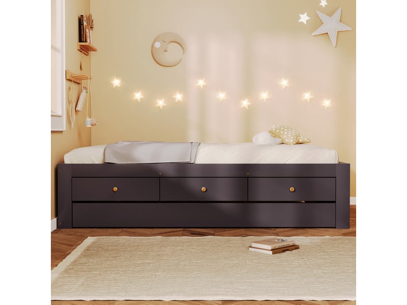  Lit 90x200 cm avec 3 tiroirs et lit gigogne en mdf et bois couleur marron café sans matelas  - Conforama D
