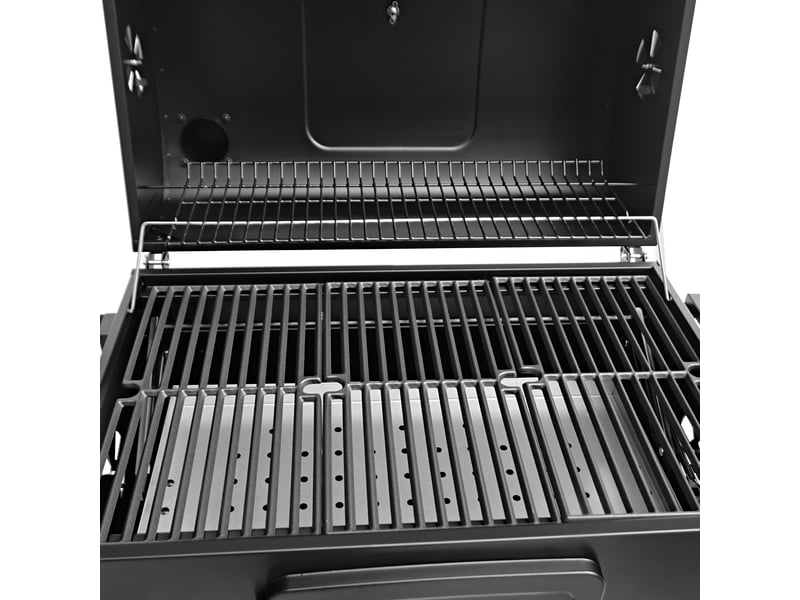  Barbecue fumoir xxl au charbon sur chariot, cuisine extérieure jardin, acier inoxydable noir, 4 aérations, bac réglable, thermomètre, étagères, 217359 - Conforama C