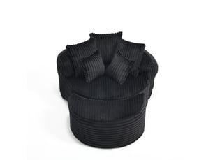 Fauteuil rond avec repose-pieds, cinq coussins et dossier enveloppant en tissu côtelé noir, 168 × 123 × 63 cm
