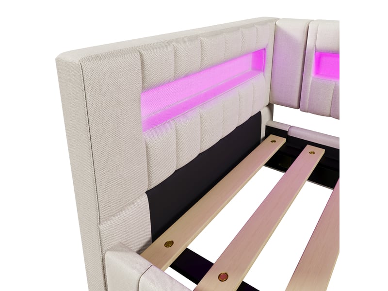 Lit banquette enfant 90x200 cm, lit coffre simple, avec éclairage led 7 couleurs, usb + type-c, espace de rangement, lin beige sans matelas - Conforama D