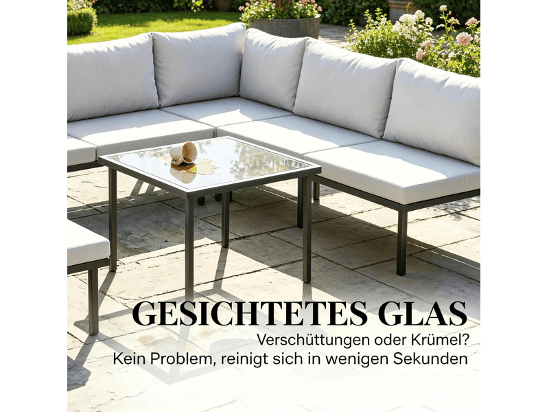 Salon de jardin modulable 6 pièces – noir et gris clair – table basse en verre trempé et coussins confortables  - Conforama E