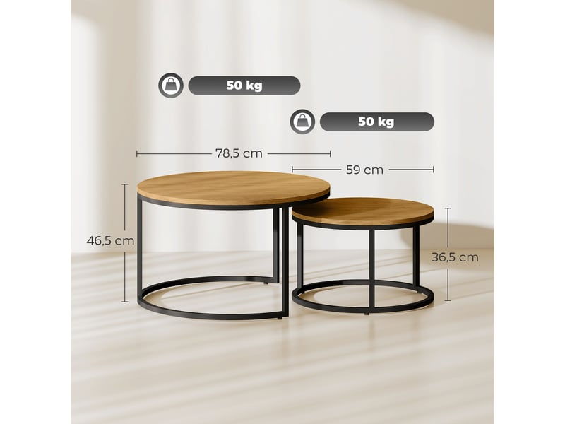 Lot de 2 tables basses rondes gigognes empilables piètement acier plateau effet bois chêne moyen  - Conforama D