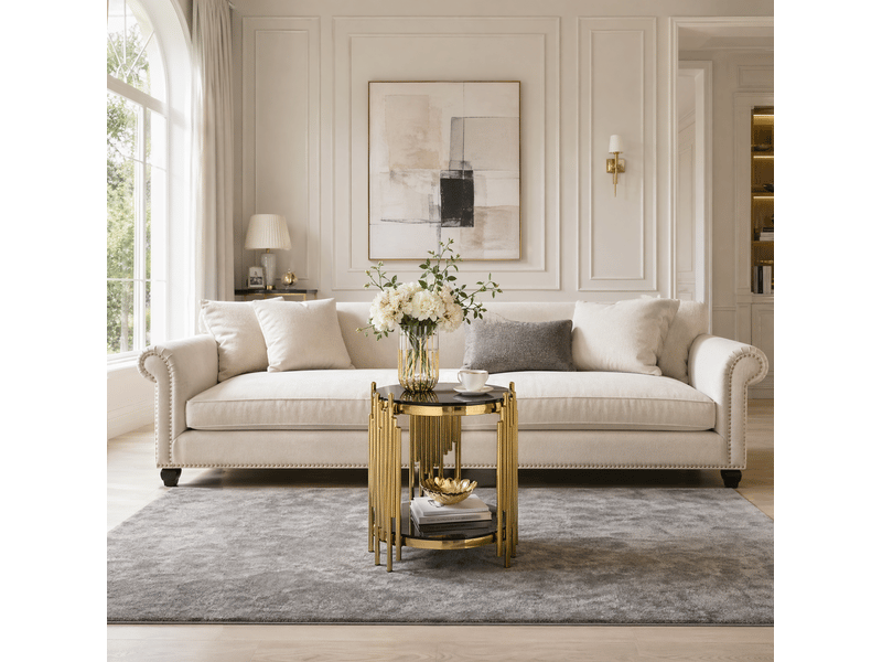  Bout de canapé rond 45x55 cm, double plateau, verre trempé, acier inoxydable, design luxe, noir et doré  - Conforama B