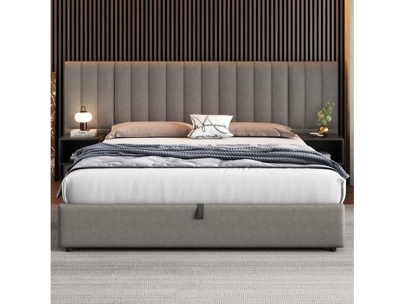  Lit coffre 2 places 180x200 cm avec 2 chevets, tête de lit, sommier et espace de rangement, revêtement lin gris, sans matelas  - Conforama E