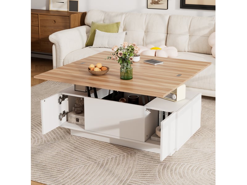  Table basse 100 x 50 cm à double plateau relevable, rangement caché, blanc et bois  - Conforama D