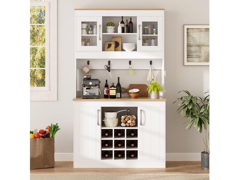  Buffet de cuisine 106x39x175 cm, portes en verre, casier à bouteilles, pour cuisine, salon, aggloméré, blanc et naturel  - Conforama D