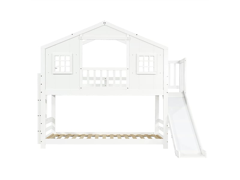 Lit superposé enfant 90x200 cm avec toboggan toit fenêtres marches stables pin mdf blanc  - Conforama A