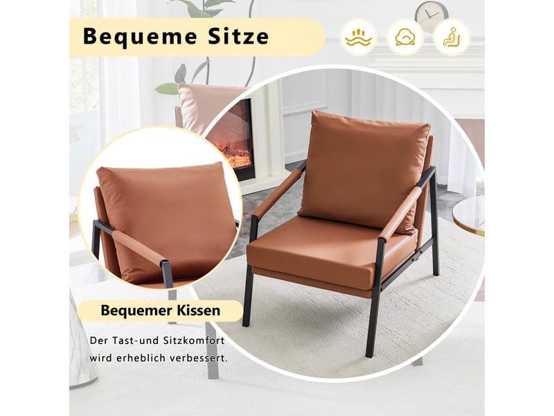  Fauteuil d'accent 67x67x80cm – fauteuil salon individuel rembourré avec structure en métal noir – simili cuir - marron  - Conforama E