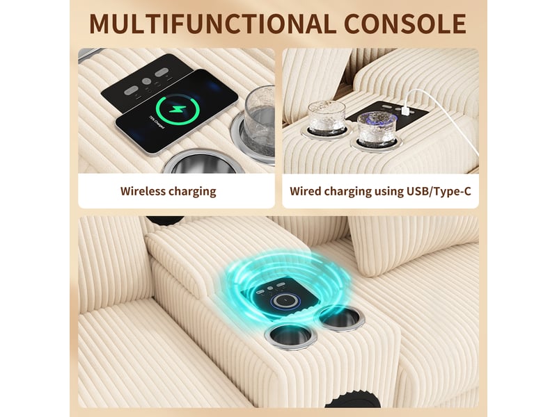 Canapé modulable en velours côtelé avec console multimédia beige N653P502A - Conforama D