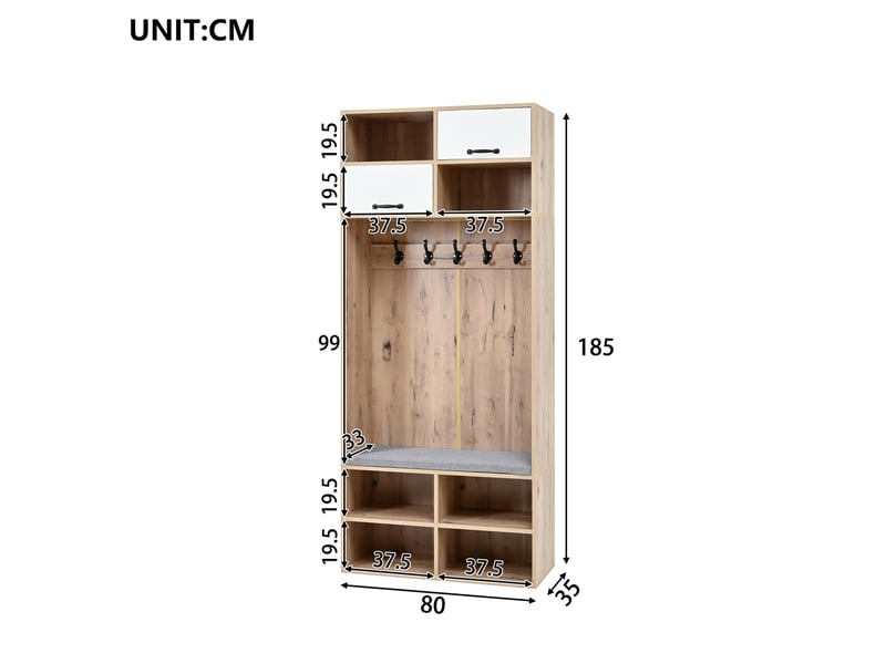  Meuble d'entrée avec 5 crochets, banc rembourré et éclairage led réglable pour hall d'entrée, 80 × 35 × 185 cm  - Conforama D