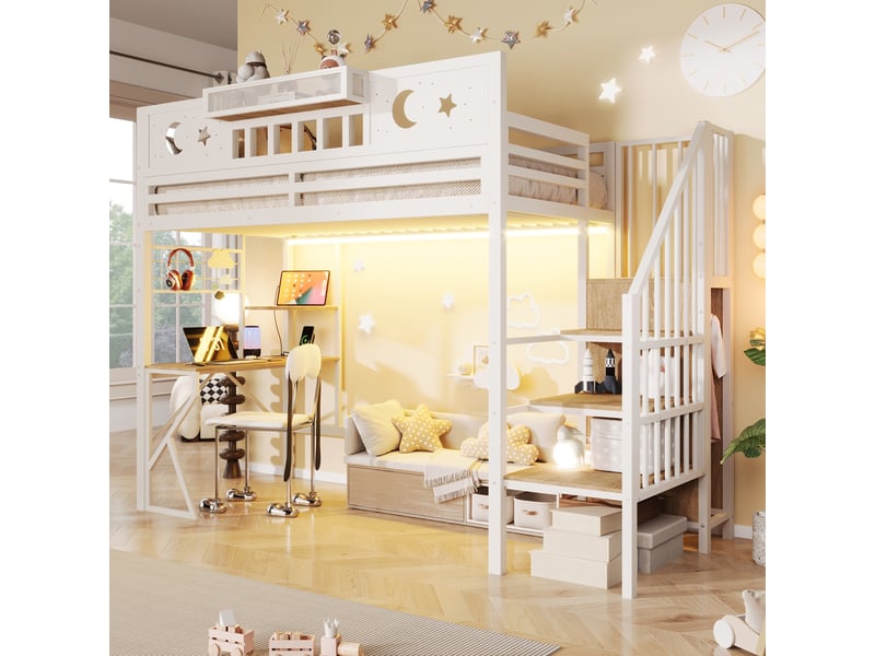 Lit mezzanine 90x200 cm, lit enfant, bureau, panneau perforé, étagères, barrière antichute, port usb, bois et métal blanc  - Conforama A