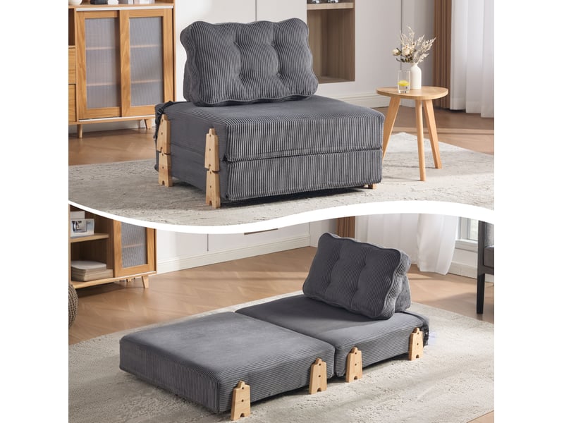  Fauteuil convertible en lit avec dossier rembourré et structure en bois, gain de place en velours côtelé gris foncé  - Conforama E