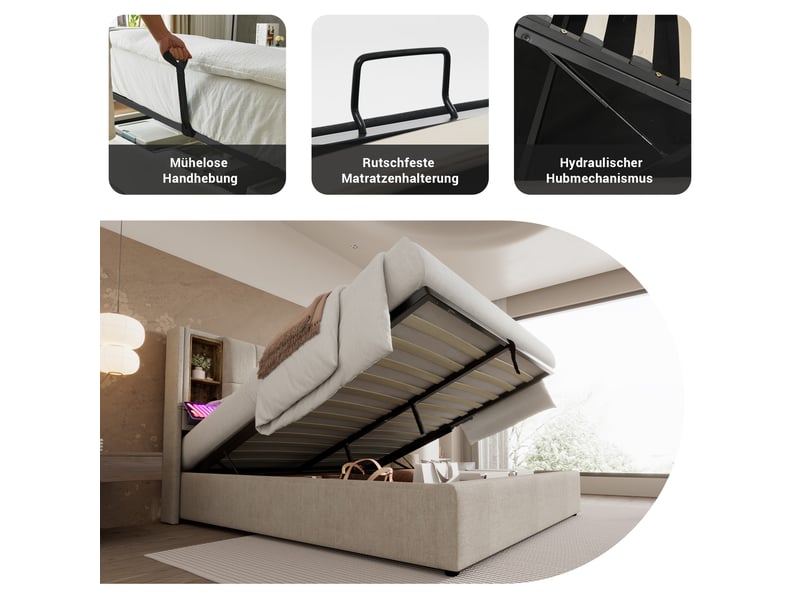  Lit double rembourré 160x200 cm avec recharge sans fil usb-c, couleur naturelle, cadre de lit adulte avec matelas  - Conforama R