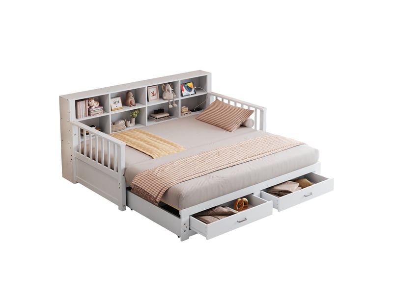 Canapé-lit extensible 90/180x190 cm avec rangements, prise et 2 tiroirs, pin blanc, sans matelas - Conforama A