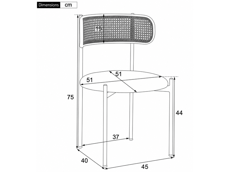  Lot de 6 chaises de salle à manger en velours noir, dossier en rotin, pieds en métal, assise ronde, pour séjour  - Conforama C