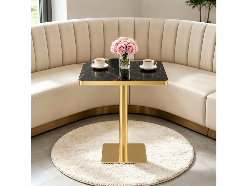  Table à manger carrée, 60x60x74 cm, effet marbre uv, repas, salle à manger, plateau mdf, piètement métal, coloris noir  - Conforama E