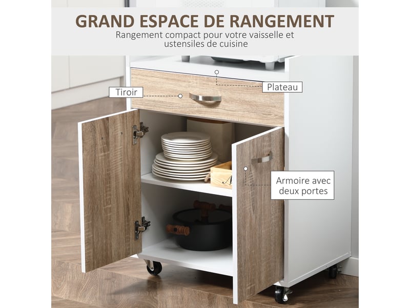  Chariot de service desserte de cuisine à roulettes tiroir placard 2 portes étagère en bois aspect blanc chêne clair  - Conforama A
