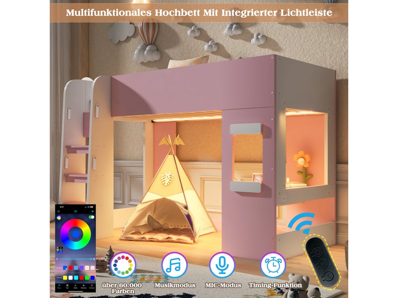  Lit mezzanine enfant simple 90×200 cm avec bureau, led et barrière - okmyhome- rose, sans matelas  - Conforama E