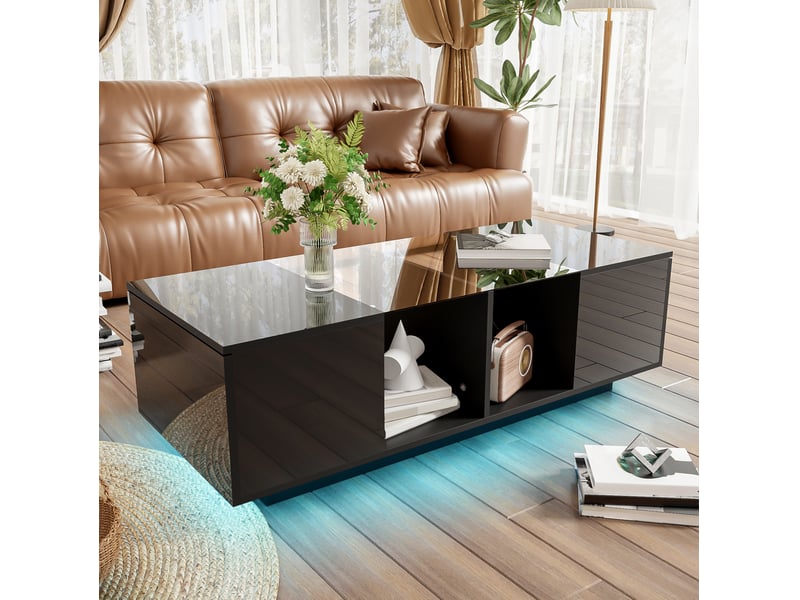  Table basse noire 120 x 50 cm avec led 16 couleurs, plateau en verre et rangements  - Conforama E