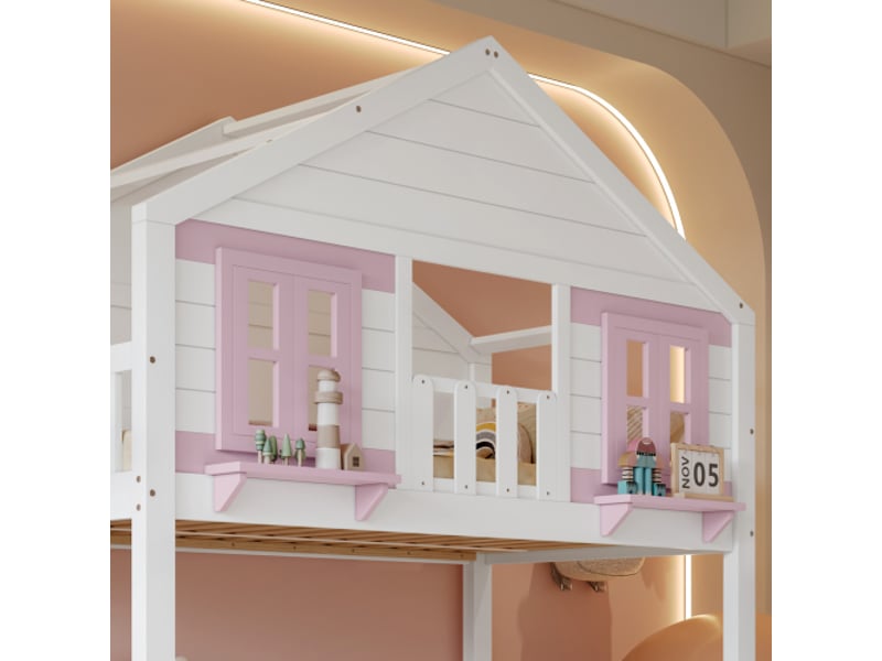 Lit superposé avec lit roulant, espace rangement et fenêtre, structure pin et mdf, blanc et rose, 90 x 200 cm BUBBLY - Conforama E