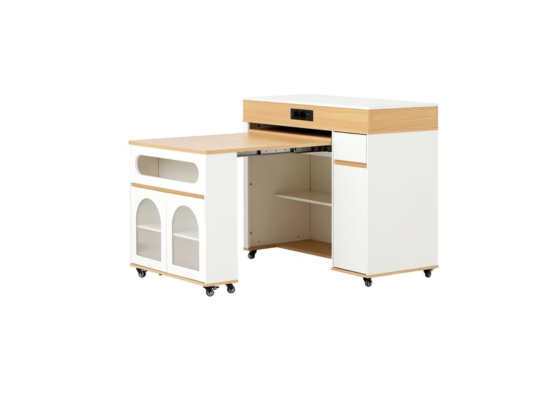  Îlot de cuisine sur roulettes table extensible 50.5-187.5 cm multiprise tiroir blanc et chêne naturel  - Conforama A