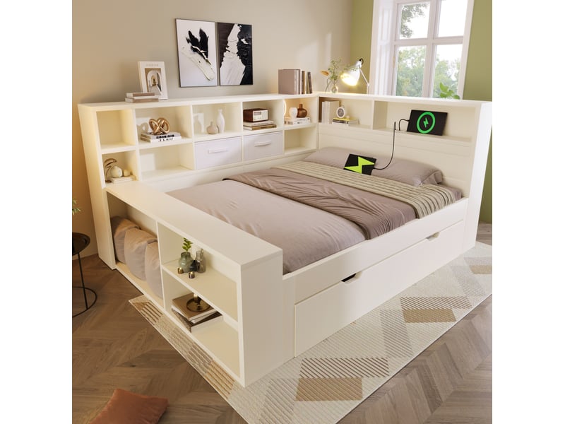  Lit gigogne 140x190 cm avec rangements et prises de charge, bois et panneau de particules, blanc, sans matelas  - Conforama E