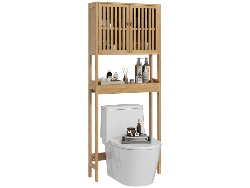  Étagère de toilettes meuble de salle de bain dessus toilette wc avec placard 2 portes et étagère ouverte bambou  - Conforama A