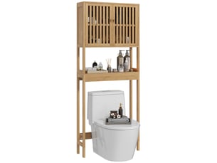 Étagère de toilettes meuble de salle de bain dessus toilette wc avec placard 2 portes et étagère ouverte bambou