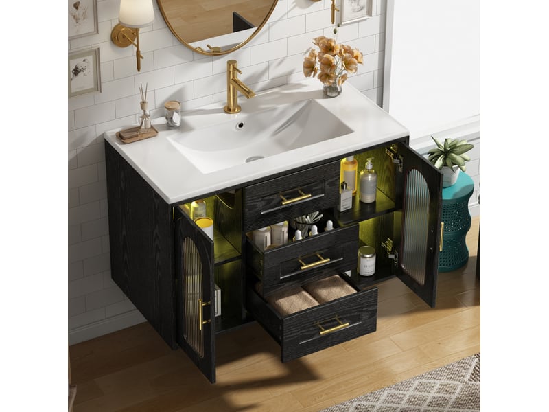  Meuble sous vasque suspendu 76x46x55 cm avec vasque et led, noir effet bois  - Conforama E