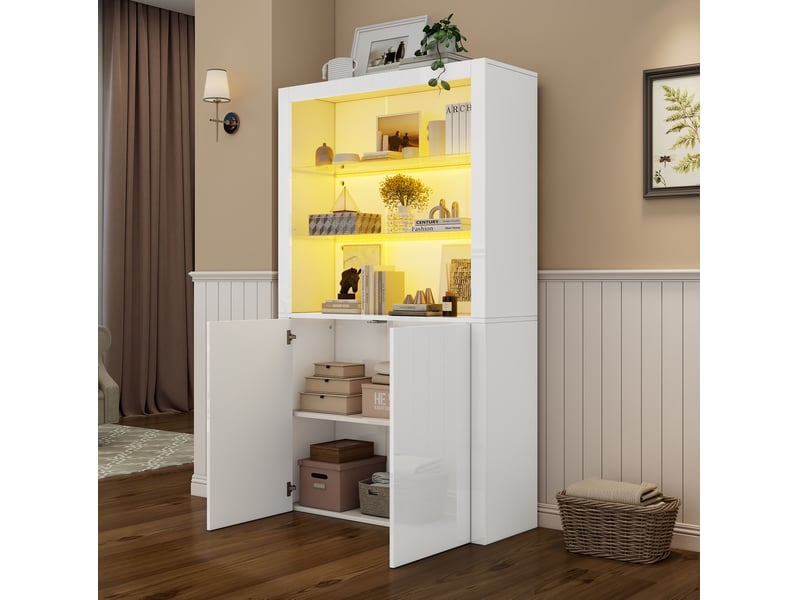  Vitrine avec led réglable, 2 portes et étagères en verre trempé, rangement pour salon, mdf blanc 100 × 35 × 170 cm  - Conforama B