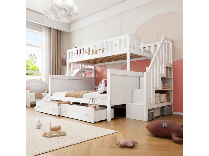  Lit superposé enfant en bois avec toboggan, échelle de sécurité, rangements et sommier, blanc, 90 x 200 140 x 200 cm  - Conforama B