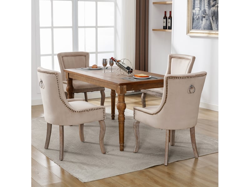  Chaise de salle à manger lot de 4 avec dossier rembourré et clous décoratifs, en velours beige et bois  - Conforama E