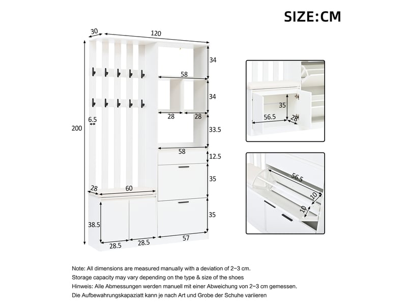  Meuble d'entrée avec banc rembourré, 2 portes, 2 abattants à chaussures, tiroir et 10 crochets, blanc, 120 × 30 × 200 cm  - Conforama E