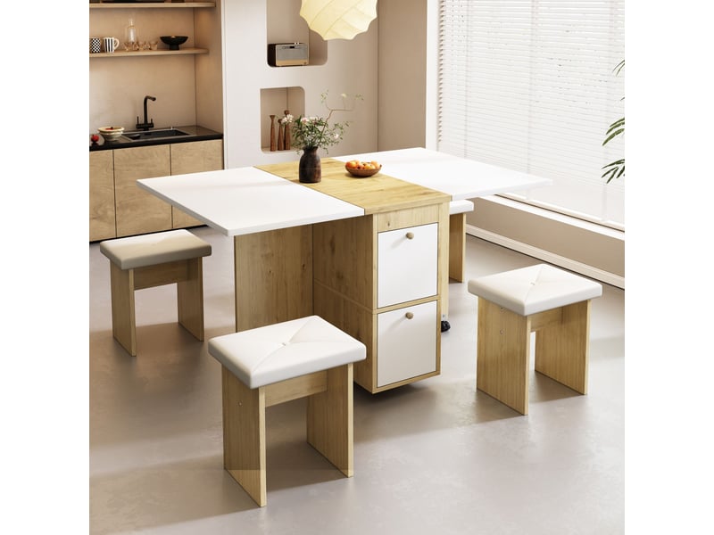  Ensemble table et 4 chaises de salle à manger - table pliante et extensible 120x80x75 cm multifonctionnelle avec 4 chaises, blanc et chêne evarich - Conforama E