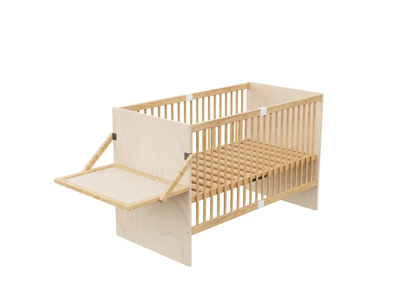  Lit bébé multifonction 70×140×95 cm bois naturel, 4 hauteurs et table à langer  - Conforama E