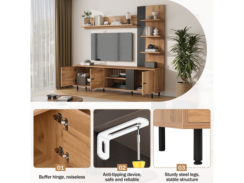  Ensemble meuble tv 187,5x40x167 cm élégant, 3 armoires et étagères ouvertes, panneau de particules, noir et bois  - Conforama E