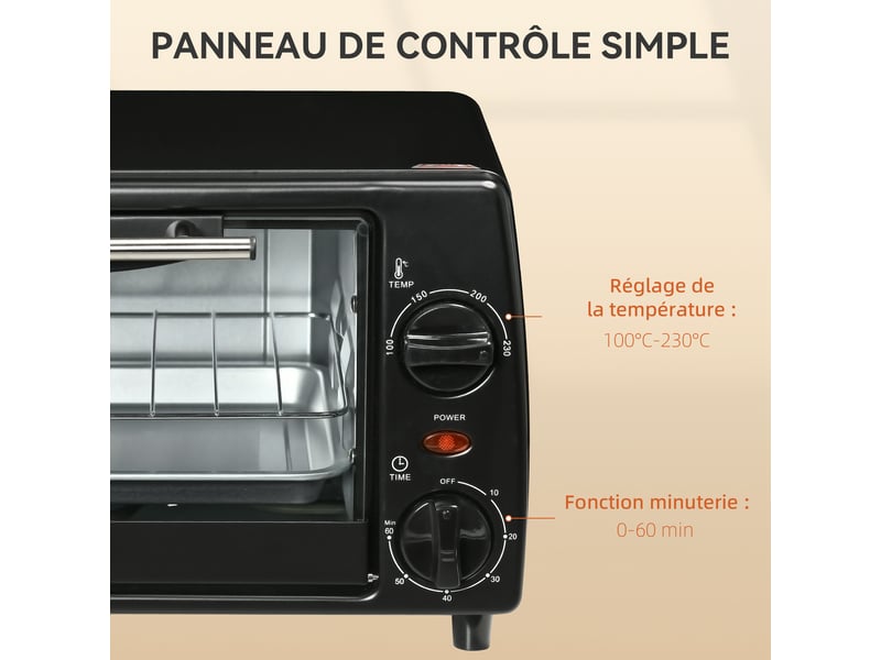  Mini four électrique 10l 1 grille et 1 plateau, température réglable de 100°c à 230°c, 36,5x26x22 cm, minuteur 60 min  - Conforama W