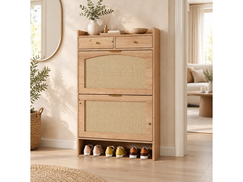  Meuble à chaussures 65×25×106 cm en panneaux de particules avec 2 abattants et 2 tiroirs naturel chicfurn  - Conforama C