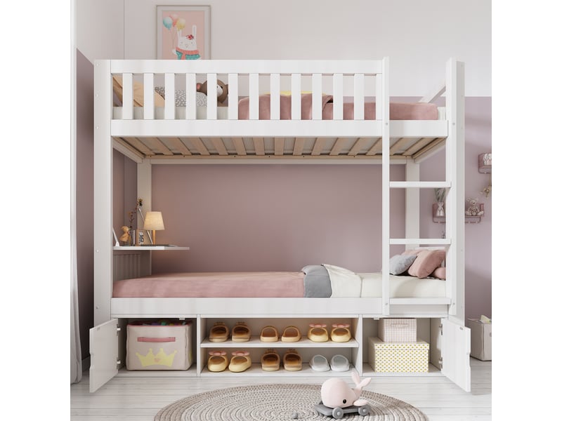 Lit superposé enfant,90x200 cm,avec bureau rabattable,mdf,blanc - Conforama B