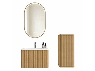 Ensemble meuble vasque suspendu 60 cm avec vasque et miroir led, finition chêne