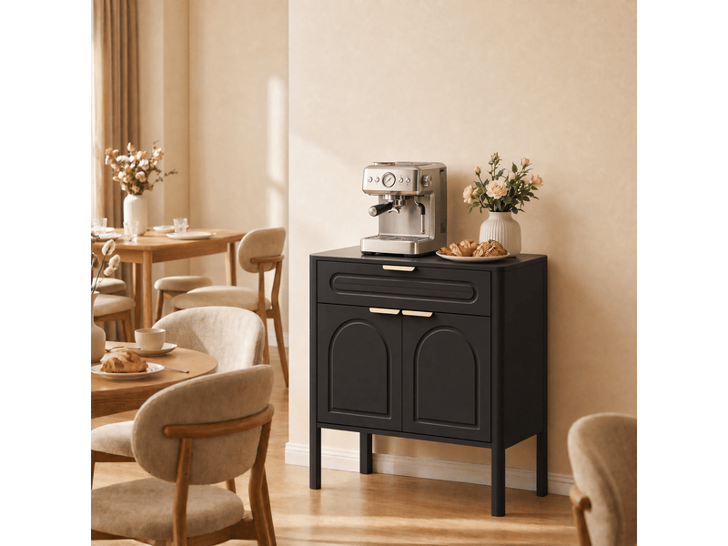Buffet noir, meuble d'appoint autoportant avec design arqué, 1 tiroir et 2 portes, poignées dorées, bords arrondis, pour entrée salle à manger salon - Conforama B