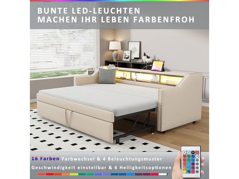  Lit 90180 x 190 cm, canapé-lit rembourré extensible, rangement multifonctionnel, éclairage led, prise usb, sommier à lattes, deux matelas à ressorts  - Conforama E