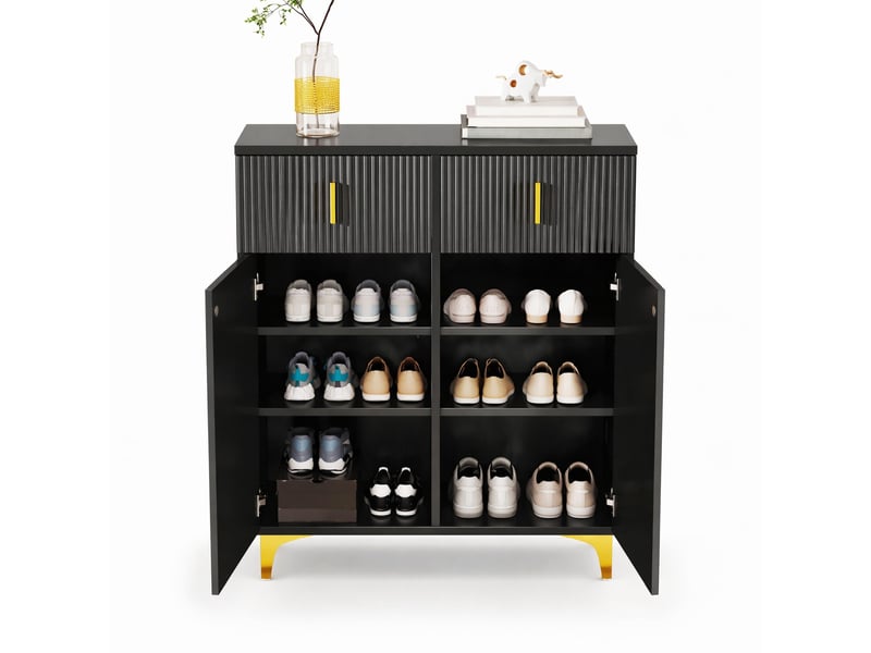 Buffet bas meuble à chaussures noir avec panneaux structurés, 2 portes, 2 tiroirs et étagères réglables - Conforama A