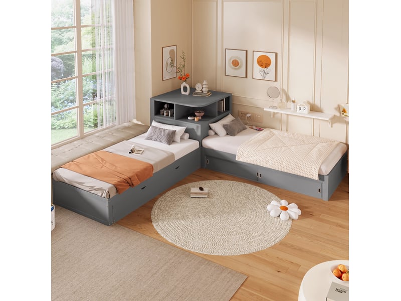  Lit gigogne en l 90x200 cm avec rangement à portes coulissantes et veilleuse led gris  - Conforama B