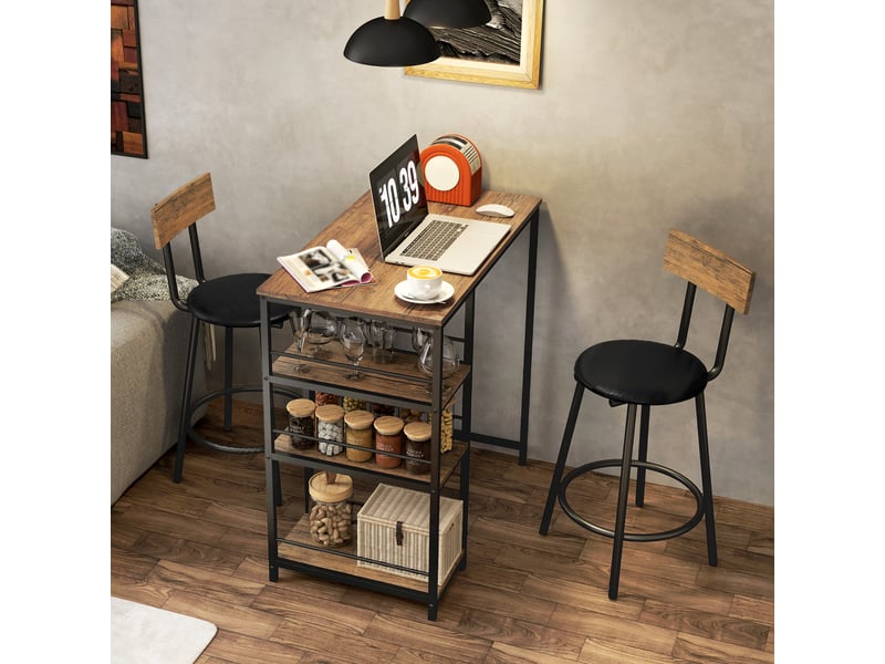  Ensemble de salle à manger 3 pièces avec table de bar et 2 chaises, petit ensemble de cuisine avec étagères latérales, mdf, métal, noir  - Conforama D