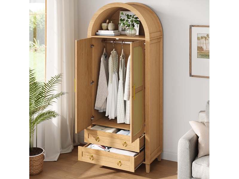  Armoire 2 portes 76x50x184 cm naturel avec led et 2 tiroirs  - Conforama B
