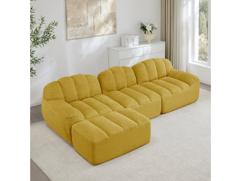  Canapé d'angle modulaire 3 places avec ottoman, assise profonde et soutien ergonomique en fleece, jaune  - Conforama C