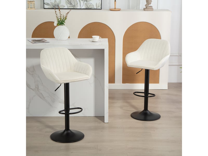  Ensemble de 2 tabourets de bar pivotants, hauteur réglable de 62 à 83 cm, revêtement en velours, dossier et repose-pieds, couleur crème.  - Conforama D
