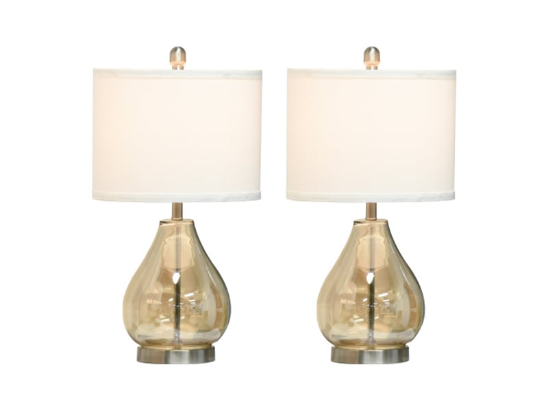  Lot de 2 lampes de chevet e27 40 w, verre ambré, lin et acier, ø30 x 56 cm, éclairage élégant pour chambre  - Conforama A